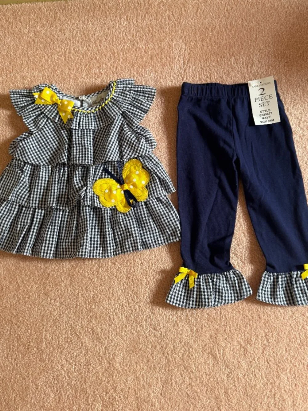 Rare Editions 2-pc top/pants NWT Size 24 month Blue/white gingham yellow accents